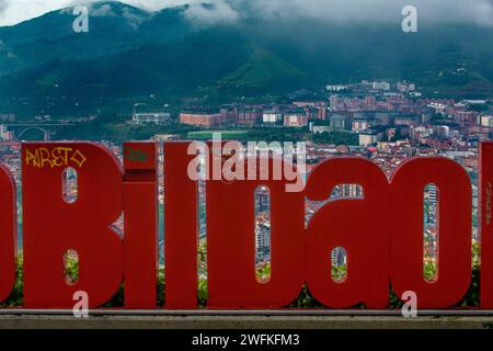 Vista di Bilbao dalla funicolare di Artxanda, Bilbao, Biscaglia, Paesi Baschi, Euskadi, Euskal Herria, Spagna Foto Stock
