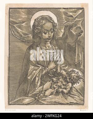 Maria adora la Christkind, Andrea Andreani, Anonimo, dopo Francesco Vanni, 1595 ca. Stampa Maria adora il bambino di Cristo sdraiato. Carta Italia Maria inginocchiata (a terra), il Cristo bambino sdraiato di fronte a lei Foto Stock