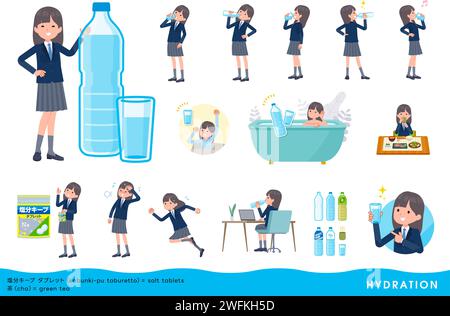 Un set di blazer navy per studentesse che bevono acqua.è un'arte vettoriale facile da modificare. Illustrazione Vettoriale