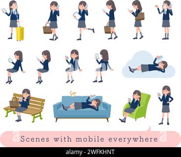 Un set di donne blazer navy che utilizzano uno smartphone in varie scene. È un'arte vettoriale facile da modificare. Illustrazione Vettoriale