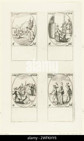 Heilige faustinus en Heilige jovita van Brescia, Heilige Juliana, Heilige, Heilige Polychronius (15-17 febbraio), Jacques Callot, 1632 - 1636 Stampa Foglio con quattro rappresentazioni ovali, ciascuna con iscrizione e data in latino: in alto a sinistra del Santo Faustino e di Santa Jovita salvati dall'acqua da un angelo, proprio sopra la Santa Giuliana con un diavolo, sotto il Santo Onesimus che è lapidato, il Santo Policronio con pietre. Questa stampa fa parte di una serie di stampe con rappresentazioni dei santi e delle festività cristiane dell'anno. Vengono sempre stampate quattro scene di una piastra Foto Stock