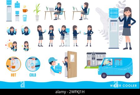 Un set di blazer navy per studentesse e un refrigeratore d'acqua. È un'arte vettoriale facile da modificare. Illustrazione Vettoriale