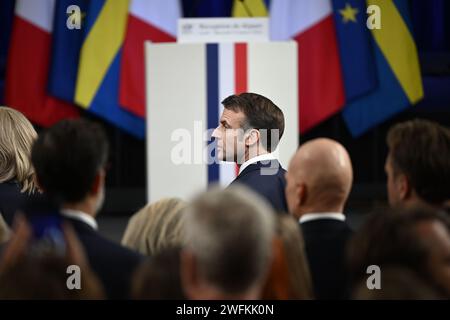 Lund, Svezia. 31 gennaio 2024. LUND, SVEZIA 20240131Presidente francese Emmanuel Macron durante un ricevimento al castello AF di Lundagård in onore della coppia reale mercoledì. La coppia presidenziale francese è in visita di stato di due giorni in Svezia. Foto: Johan Nilsson/TT/Code 50090 credito: TT News Agency/Alamy Live News Foto Stock