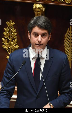 Francia. 30 gennaio 2024. Il primo ministro, Gabriel Attal, pronuncia il suo discorso politico generale all'Assemblea nazionale. A Parigi, in Francia, il 30 gennaio 2024. (Foto di Lionel Urman/Sipa USA) credito: SIPA USA/Alamy Live News Foto Stock