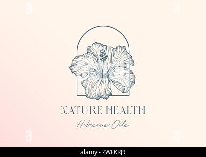 Emblema floreale disegnato a mano di Hibiscus e tipografia. Moda salute cura naturale olio floreale cosmetici modello logo con arco telaio. Colorato contemporaneo Illustrazione Vettoriale