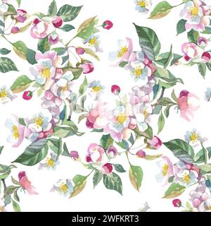 motivo senza cuciture con fiori di melo in fiore ad acquerello Foto Stock