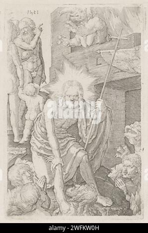 Discesa nel pre-borter, Jan Harmensz. Muller, dopo Lucas van Leyden, 1800 - 1900 stampa Cristo scende nel pre-borter con una croce in mano e salva le anime. Dietro di lui ci sono Adam ed Eva. In alto a destra un demone. Carta di Amsterdam che incide Cristo nel mondo sotterraneo, straziante dell'inferno, Cristo nel Limbo, "descensus ad inferos", "Anastasis" Foto Stock