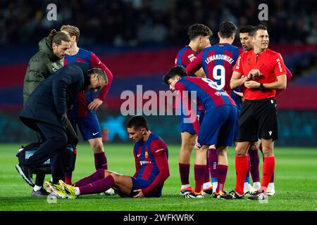 Barcellona, Spagna. 31 gennaio 2024. Ferran Torres (FC Barcelona) è raffigurato ferito durante la partita di calcio della Liga tra FC Barcelona e CA Osasuna, al Lluis Companys Stadium di Barcellona, Spagna, il 31 gennaio 2024. Foto: Siu Wu. Credito: dpa/Alamy Live News Foto Stock