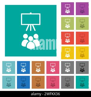 Icone piatte multicolore in aula su sfondi quadrati semplici. Incluse variazioni delle icone bianche e più scure per il passaggio del mouse o gli effetti attivi. Illustrazione Vettoriale