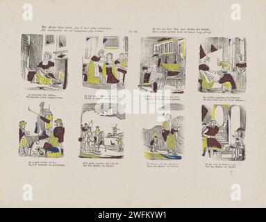 Quello che la madre dice fino in fondo, vedrete il record di Deez, / come Assenspoester ha iniziato a sposare un figlio reale. / E di come un gatto insanguinato, multato dalle regioni, / le sue braccia hanno padroneggiato il rango, 1848 - 1881 foglie stampate con 8 spettacoli dalle fiabe di Cenerentola e del gatto in gabbia. Sotto ogni immagine un verso bidirezionale. Numerato al centro: N. 63. Editore: Den Boscheprint Maker: Olanda, stampa letterpress su carta e fiabe (con TITOLO). Racconti e fiabe: Il gatto con gli stivali Foto Stock