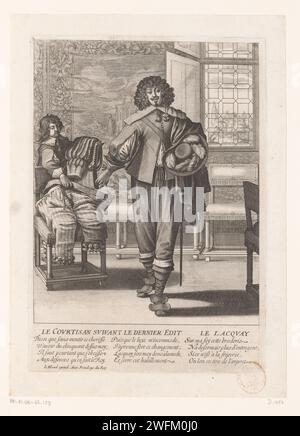 Cortigiano francese che segue l'editto del 1633, Abraham Bosse, 1633 Un giovane cortigiano sta con un cappello in mano, in partenza. Ci sono pantaloni di lusso e un wambuis ricamato sulla sedia dietro di lui. Il giovane dà il suo permesso Lakei di vendere questi lussuosi capi di abbigliamento ad un negozio di seconda mano. Egli stesso indossa un wambuis e un collare senza decorazione e un semplice pantaloni al ginocchio, in modo da soddisfare l'editto del 18 novembre 1633. Questa legge proibiva i ricami da passioni di filo d'oro e argento e pizzi. La didascalia riporta che il cortigiano si sente a disagio con un lu troppo grande Foto Stock