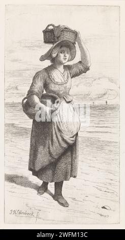 Donna con cesti, Jacobus Hermanus Otterbeek, 1854 - 1902 stampa Una donna cammina sulla spiaggia. Indossa un cesto sotto il braccio e uno sulla testa. L'acquaforte di carta dell'Aia che trasporta qualcosa nel cestino, nella borsa, nello zaino, ecc. Foto Stock