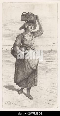 Donna con cesti, Jacobus Hermanus Otterbeek, 1854 - 1902 stampa Una donna cammina sulla spiaggia. Indossa un cesto sotto il braccio e uno sulla testa. L'acquaforte di carta dell'Aia che trasporta qualcosa nel cestino, nella borsa, nello zaino, ecc. Foto Stock