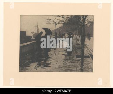 Veduta del Victoria Embankment a Londra, Willem Witsen, 1944 stampa Una carrozza e camminatori sotto la pioggia. A sinistra una nave nel Tamigi. London paper etching City-view in generale; 'veduta'. strada pubblica. river Victoria Embankment. Tamigi Foto Stock