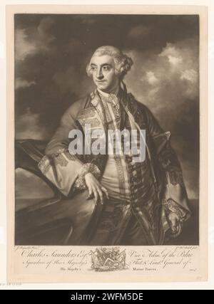 Portret van Charles Saunders, James McArdell, dopo Joshua Reynolds, 1760 - 1765 stampa London paper Historical Persons. comandante in capo, ammiraglio Foto Stock
