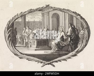 Successo della povera vedova, Jan Luyken, 1700 stampa Una performance in un cartiglio di rami di palma. Cristo indica i suoi studenti a una povera vedova che getta un po' di soldi nel sacrificio. Questa vedova ha dato più dei grandi doni dei ricchi perché non può perdere quei soldi. Sotto il cartiglio la Bibbia fa riferimento a Luc. 21:2 Amsterdam cartiglio ornamento incisivo carta  cartiglio. L'acaro della vedova: Cristo attira l'attenzione dei discepoli su una donna che mette alcune monete nella cassa del denaro del tempio (Marco 12:41-44; Luca 21:1-4) Foto Stock