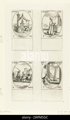 Santa Foca, Santa Teofilo, Santa Conone di Mandona, Santa Perpetua e Santa Felicitas van Carthage (5-7 marzo), Jacques Callot, 1632 - 1636 Stampa Foglia con quattro rappresentazioni ovali, ciascuna con iscrizione e data in latino: in alto a sinistra quattro persone inginocchiate per un'immagine all'ingresso di una chiesa, in alto a destra il Santo Teofilo che calpestò un uomo per un altare, sotto il Santo conone legato su una carrozza dietro due cavalli, sotto il santo Perpetua che vede una difficile scala verso il cielo in una visione. Questa stampa fa parte di una serie di stampe con rappresentazioni dei santi e del Cristo Foto Stock