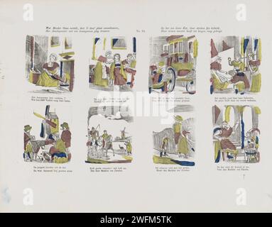 Quello che la madre dice fino in fondo, vedrete il record di Deez, / come Assenspoester ha iniziato a sposare un figlio reale. / E di come un gatto insanguinato, multato dalle regioni, / le sue braccia hanno padroneggiato il rango, 1848 - 1881 foglie stampate con 8 spettacoli dalle fiabe di Cenerentola e del gatto in gabbia. Sotto ogni immagine un verso bidirezionale. Numerato al centro: N. 63. Editore: Den Boscheprint Maker: Olanda, stampa letterpress su carta e fiabe (con TITOLO). Racconti e fiabe: Il gatto con gli stivali Foto Stock