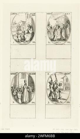 Santo Simeon van Emesa, visita, benedizione dell'abbigliamento di Maria, San Giacinto (1-3 luglio), Jacques Callot, 1632 - 1636 Stampa Foglio con quattro rappresentazioni ovali, ciascuna con iscrizione e data in latino: in alto a sinistra del San Simeone van Emesa che suona su uno strumento per tre bambini, in alto a destra di Maria ed Elisabetta che si salutano, un vescovo che mette vestiti su un altare, il santo Giacinto che viene picchiato da due uomini. Questa stampa fa parte di una serie di stampe con rappresentazioni dei santi e delle festività cristiane dell'anno. Quattro scene di un piatto sono sempre pr Foto Stock