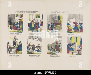 Quello che la madre dice fino in fondo, vedrete il record di Deez, / come Assenspoester ha iniziato a sposare un figlio reale. / E di come un gatto insanguinato, multato dalle regioni, / le sue braccia hanno padroneggiato il rango, 1848 - 1881 foglie stampate con 8 spettacoli dalle fiabe di Cenerentola e del gatto in gabbia. Sotto ogni immagine un verso bidirezionale. Numerato al centro: N. 63. Editore: Den Boscheprint Maker: Olanda, stampa letterpress su carta e fiabe (con TITOLO). Racconti e fiabe: Il gatto con gli stivali Foto Stock