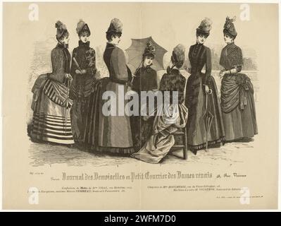 Journal of the Demoiselles e Little Courier des Dames riuniti, CA. 1885, No. 1084 bis: Modi di modi (...), Anonimo, c. 1885 sette donne in "Confections De Modes" di Mlles Vidal. Cappelli di Boucherie. Sotto alcune righe di testo pubblicitario per prodotti diversi. Stampa dalla rivista di moda Journal des Demoiselles (et Petit Courrier des Dames Réunis) (1833-1922). targhe di carta. abito, abito: abito da passeggio (+ abiti da donna). copricapo: cappello (+ abiti da donna). bastone da passeggio, personale, bastone da passeggio (+ vestiti da donna). Abbigliamento per la parte superiore del corpo (MANTELET) (+ abiti da donna) Foto Stock