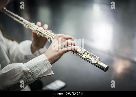 Suonando il flauto trasversale. Primo piano. Foto Stock