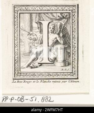 Lettera i e De Wedding god Hymen, Bernard Picart, 1683 - 1733 stampano la lettera e l'Initital i con il dio greco delle nozze Hymen sullo sfondo, che mostra uno scudo con l'immagine di una rosa rossa e bianca su un altare. Le rose raffigurano la casa York e Het Huis Lancaster. Questa rappresentazione simboleggia il matrimonio tra Enrico VII, re d'Inghilterra, ed Elizabeth van York. In fondo a un testo esplicativo in francese. Incisione su carta di Amsterdam storioriata iniziale. (Storia di) Hymen(aeus) Foto Stock