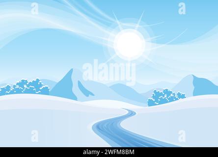 bellissimo paesaggio invernale con neve fiume e montagne chiaro cielo blu sole vettore sfondo Illustrazione Vettoriale