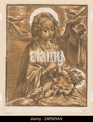 Maria adora la Christkind, Andrea Andreani, Anonimo, dopo Francesco Vanni, 1595 ca. Stampa Maria adora il bambino di Cristo sdraiato. Carta Italia Maria inginocchiata (a terra), il Cristo bambino sdraiato di fronte a lei Foto Stock