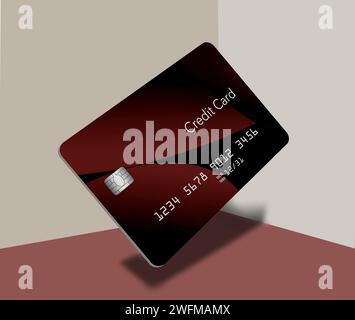 Ecco una carta di credito fittizia o generica raffigurata in una situazione grafica con un cono in un'illuminazione spettacolare ed è un'illustrazione in 3D. Foto Stock