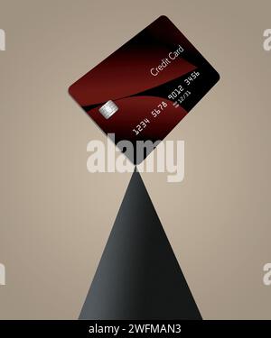 Ecco una carta di credito fittizia o generica raffigurata in una situazione grafica con un cono in un'illuminazione spettacolare ed è un'illustrazione in 3D. Foto Stock