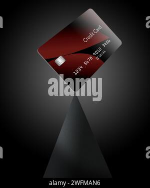 Ecco una carta di credito fittizia o generica raffigurata in una situazione grafica con un cono in un'illuminazione spettacolare ed è un'illustrazione in 3D. Foto Stock