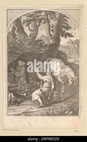 Ontmoetting Tunsen di Heilige Bruno in Conte Ruggero, Francesco Chauveau, dopo Eustache Lesueur, 1623 - 1676 tipografia: Parisafter pittura di: Parispublisher: ParisFrance paper etching / incisione / controprova il fondatore dell'ordine dei Certosi, Bruno; possibili attributi: Croce, dito alle labbra, giglio, mitra ai suoi piedi, ramo d'ulivo, raggio di luce, cranio, (sette) stelle. cane. cavallo Foto Stock