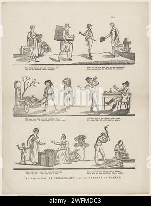 Figure e attività, 1822 - 1849 fogli stampati con 3 righe orizzontali con prestazioni di figure e attività diverse. Due volte ogni due anni, come fresco sotto ogni fila. Numerato in alto a destra: N. 69. Amsterdampublisher: Deventerprint Maker: Olandese paper letterpress Printing Human types. ubriachezza. commerciante di strada. contrasto tra ricchi e poveri. ubriaco Foto Stock