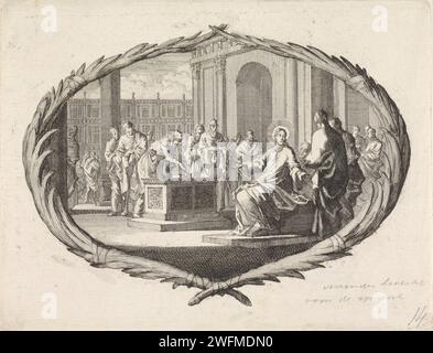Successo della povera vedova, Jan Luyken, 1700 stampa Una performance in un cartiglio di rami di palma. Cristo indica i suoi studenti a una povera vedova che getta un po' di soldi nel sacrificio. Questa vedova ha dato più dei grandi doni dei ricchi perché non può perdere quei soldi. Ornamento per incisione in carta Amsterdam  cartiglio. L'acaro della vedova: Cristo attira l'attenzione dei discepoli su una donna che mette alcune monete nella cassa del denaro del tempio (Marco 12:41-44; Luca 21:1-4) Foto Stock