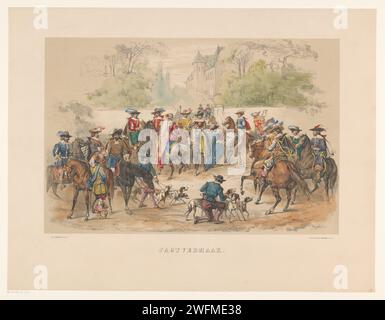 Settimo gruppo di Utrechtse Maskerade nel 1856, Willem Pieter Hoevenaar, 1856 uomini nobili stampati e Jonkvrouwen si stanno preparando per una festa di caccia. Parte della sfilata storica a Maskerade eseguita dagli studenti dell'Associazione mutua Fides dell'Utrecht Hogeschool il 25 giugno 1856 in occasione della celebrazione del suo 220° anniversario. Concorso per studenti di carta di Utrecht. Costumi usati nei concorsi Utrecht Foto Stock