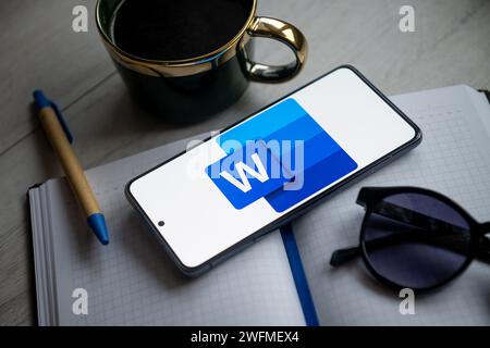 In questa figura è visualizzato un logo Microsoft Word sullo smartphone. Foto Stock