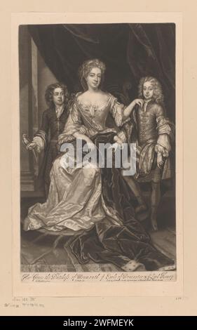 Ritratto di Anne Scott e dei suoi figli James e Henry, John Smith (stampatore/editore), dopo Gottfried Kneller, c. 1680 - 1742 stampa London paper Historical Persons. agente. madre e figlio (gruppo familiare) Foto Stock