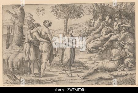 Jozef racconta ai suoi fratelli dei suoi sogni, Anonymous, dopo Rafaël, 1493 - 1570 stampa Joseph è in piedi al centro accanto a una palma. A destra e a sinistra ci sono undici fratelli e un paesaggio sullo sfondo. L'incisione di carta italiana Giuseppe incoraggia l'odio dei suoi fratelli (Genesi 37:1-11). vista sulla città e paesaggio con costruzioni artificiali Foto Stock