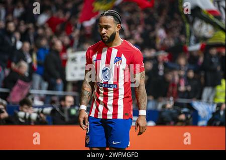 Madrid, Spagna. 31 gennaio 2024. Memphis Depay dell'Atletico Madrid visto durante la partita di calcio la Liga EA Sports 2023/24 tra Atletico Madrid e Rayo Vallecano allo stadio Metropolitano di Madrid, in Spagna. Credito: Agenzia fotografica indipendente/Alamy Live News Foto Stock