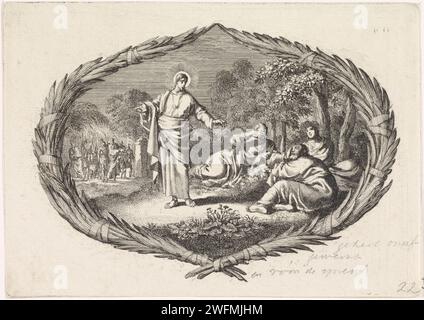 Cristo risveglia i suoi discepoli addormentati, Jan Luyken, 1700 stampa Una performance in un cartiglio di rami di palma. Cristo alla corte di Getsemane. Sveglia i tre studenti dormienti. I soldati e Giuda appaiono sullo sfondo. Il giornale di Amsterdam incide Cristo convoca gli apostoli a rimanere svegli e a pregare  Giardino del Getsemani. Il bacio di Giuda: Accompagnato da soldati con torce e lanterne, bacia Cristo. ornamento  cartiglio Foto Stock