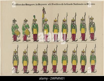 Fusiliers der Burgerw. A Beyeren / Rusilliers della Guardia Nazionale in Baviera, 1833 - 1856 fogli stampati con 2 file orizzontali con rappresentazioni di soldati della Baviera. Numerato al centro: N5. Tipografia di carta Turnwood che stampa il soldato; la vita del soldato Bavaria Foto Stock