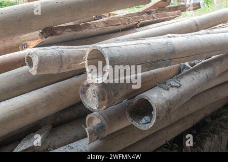 Un cumulo di tronchi di bambù in un cantiere Foto Stock