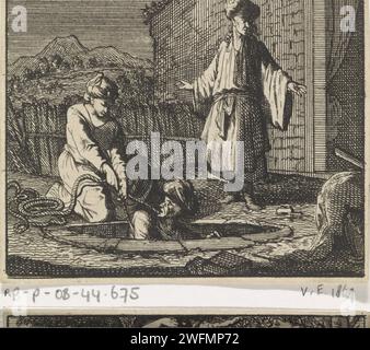 Jonatan e Achimaäs sono nascosti in un pozzo, Caspar Luyken, incisione del 1698 su carta di Amsterdam inseguita dai soldati di Absalom Ahimaaz e Jonathan si nascondono in una fossa in una casa a Baharim; una donna diffonde una copertura con mais sopra la fossa Foto Stock