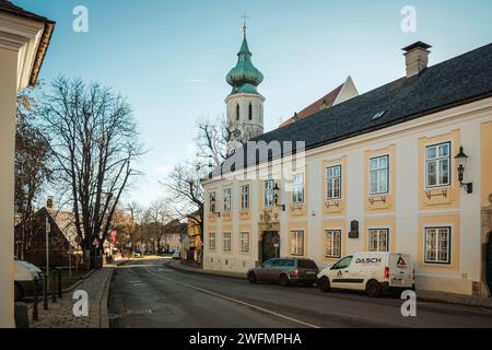 Via a Grinzing, piccola cittadina che oggi fa parte di Vienna. Campanile della chiesa parrocchiale di Grinzing sullo sfondo. Foto Stock