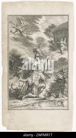 Minerva e Telemaco per un tempio, Simon Fokke, stampa del 1753 Minerva indica il telemaco inginocchiato a un angelo che si trova di fronte a un tempio. Nell'aria un secondo angelo soffia la tromba, figure diaboliche più basse volano. In una pietra accanto al guerriero è scolpito: Telemaque. Incisione su carta di Amsterdam (storia di) Telemachus. (Storia di) Minerva (Pallas, Atena) Foto Stock