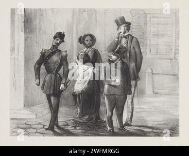 Donna e tre signori per strada, Karel Frederik Bombled, 1832 - 1902 stampare l'agente di polizia e due uomini con il cappello alto guardano la signora nel mezzo. carta. poliziotto, agente. strada del villaggio. guardando oltre la spalla. Figura in piedi - AA - figura umana femminile Foto Stock