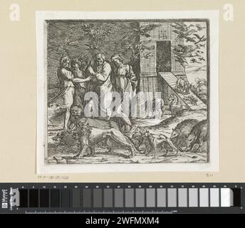 Noè lascia l'arca dopo l'alluvione, Orazio Borianni, dopo Rafaël, 1615 stampa Noè e la sua famiglia lasciano l'Arca insieme a tutti gli animali. Tipografia: ItalyaFter Pittura di: Carta di città del Vaticano che incide lo sbarco  storia di Noè (Genesi 8:18 - 9:17) Foto Stock