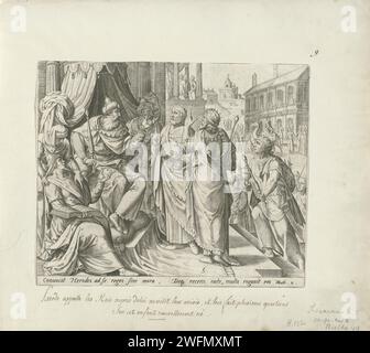 I tre re che visitano Erode, Johann Sadeler (i), dopo Gerard van Groeningen, nel 1585 stampano i tre re visitano il re Erode a Gerusalemme. Vengono interrogati e da lui istruiti a tornare dopo la loro visita al bambino di Cristo e a riferire sulla sua nascita. La stampa ha una didascalia latina con un testo biblico. Carta di Anversa che incide la prima visita dei tre saggi al re Erode. Seconda visita dei tre saggi a Erode Foto Stock