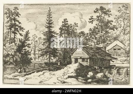 Paesaggio con tre persone che guardano una barca a remi, Allaert van Everdingen, 1631 - 1675 stampa paesaggio con due case di legno e una cascata. Su un lago una barca a remi con due persone. Lungo il lungomare ci sono due uomini e un po' più avanti c'è una donna. Cascata di incisione della carta olandese (+ paesaggio con cifre, personale) Foto Stock